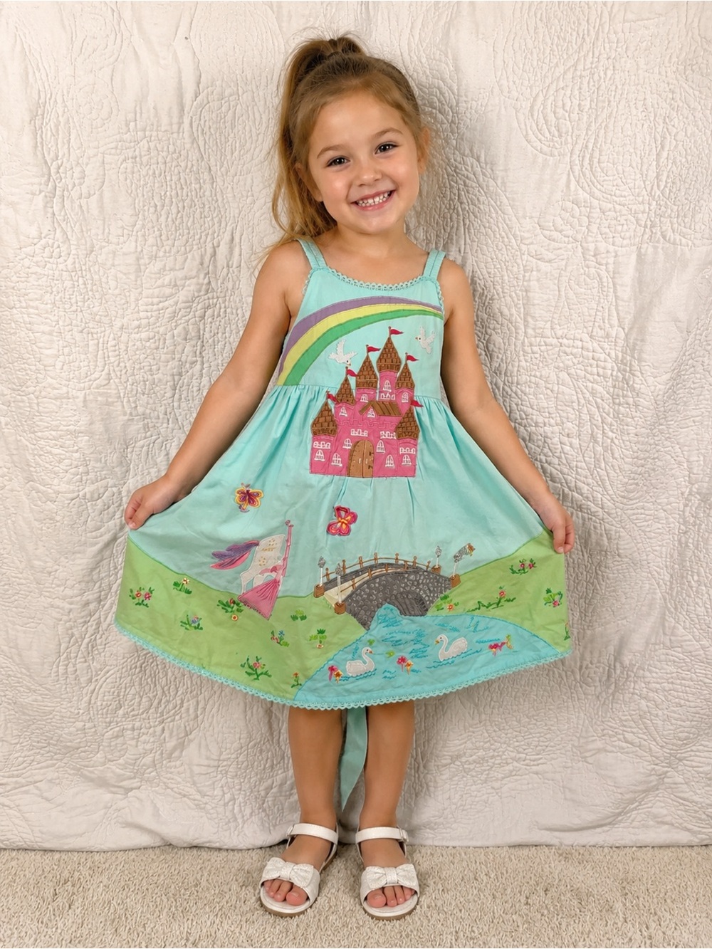 PERFECT TEA PARTY DRESS!! Girls' Light Blue Princess Castle Appliqué Dress